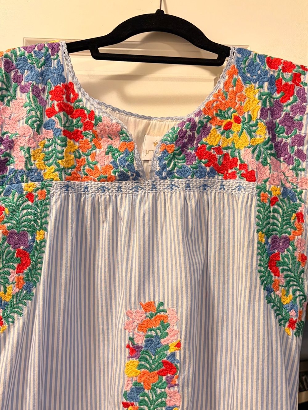 J. Marie Light Blue Striped Dress with Multicolor Floral Embroidery - Picture 5 of 8